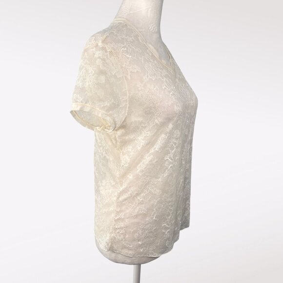 Delicate Sheer Ivory Lace V-Neck Blouse Short Sleeve Top XS Small - Picture 4 of 7